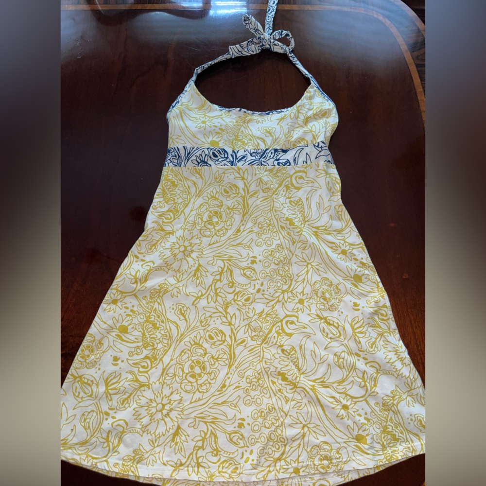 Patagonia Halter sun dress yellow navy white floral pattern knit stretch l